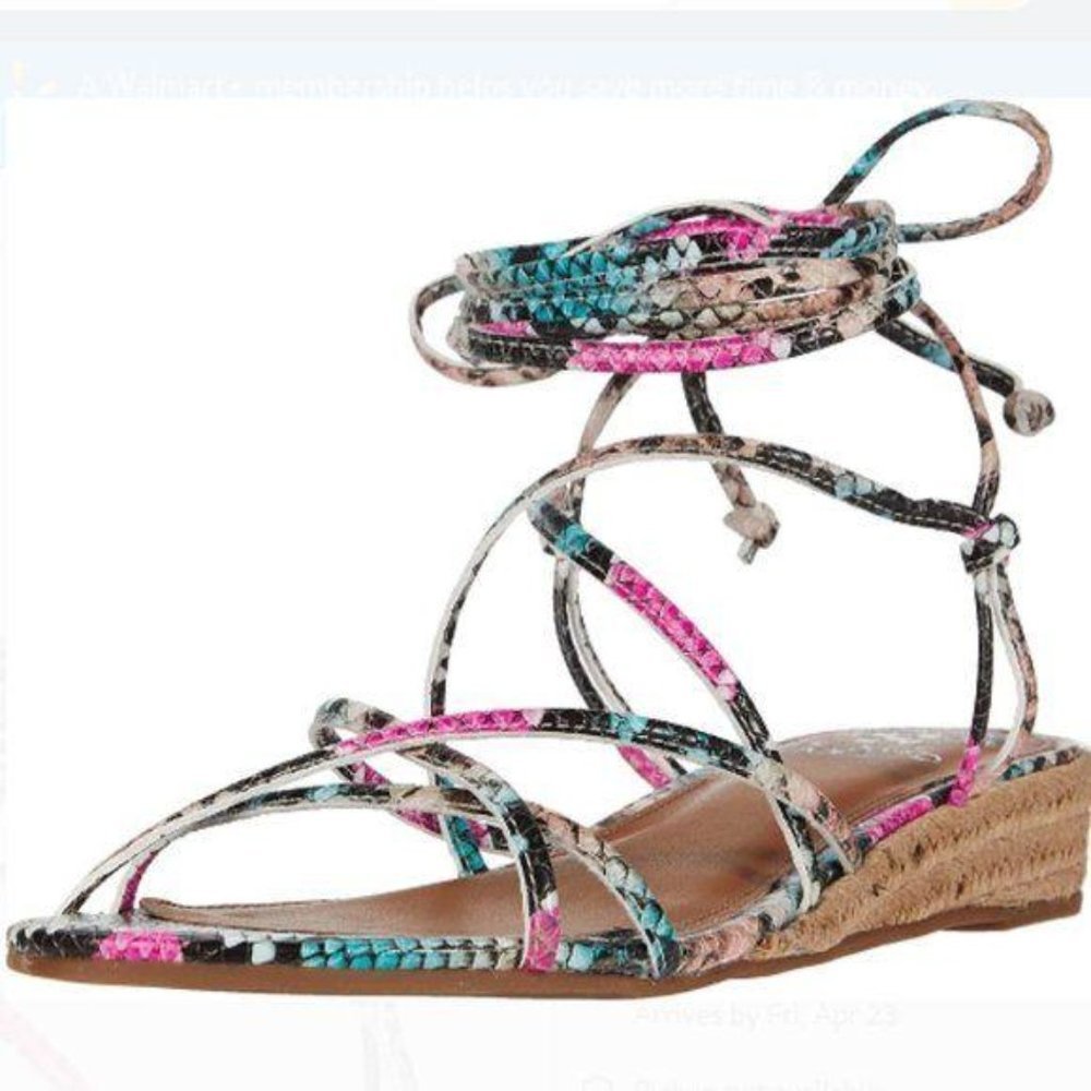 Vince Camuto Prasetta Leather Snake Print Wedge Open Toe Ankle Wrap Sandal Shoe